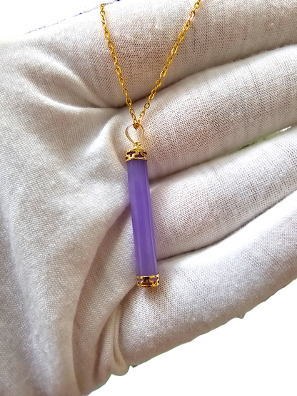 Round Pillar Purple Jade Tube Pendant (With 14K Yellow Gold)