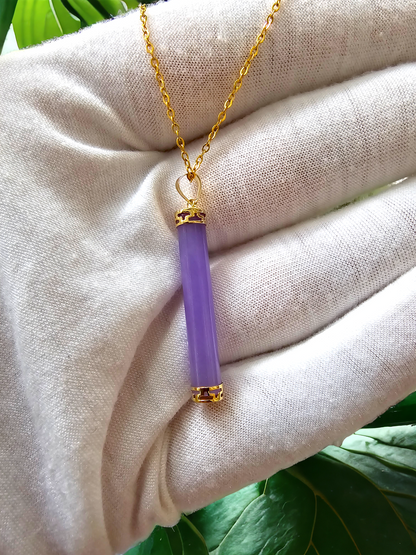 Round Pillar Purple Jade Tube Pendant (With 14K Yellow Gold)