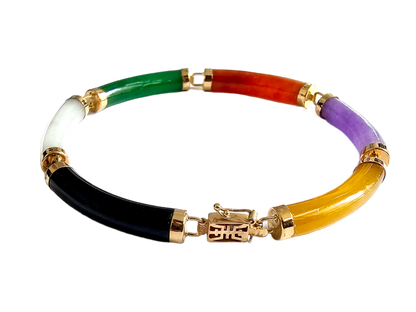 Fu Fuku Fortune Eclectic Jade Onyx MOP Tube Bracelet (with 14K Yellow Gold)