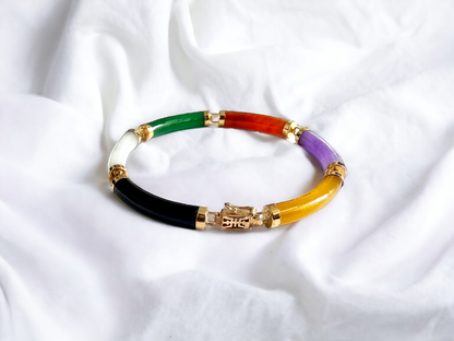 Fu Fuku Fortune Eclectic Jade Onyx MOP Tube Bracelet (with 14K Yellow Gold)