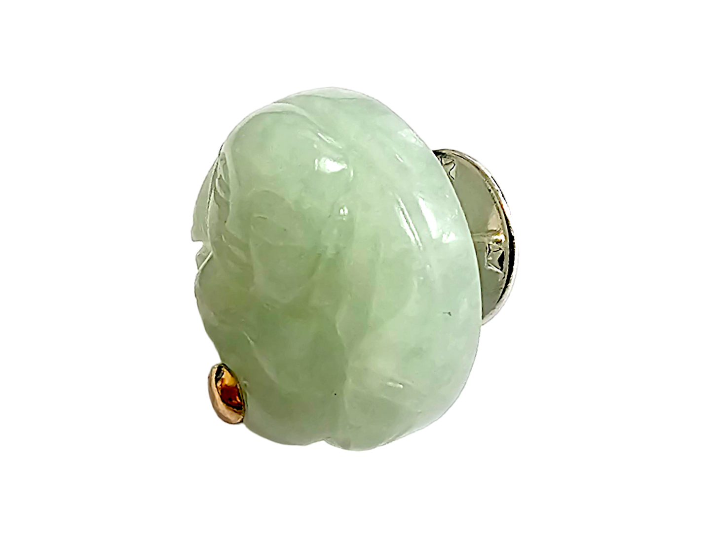 Happy Buddha Burmese A-Jadeite Brooch/Lapel Pin with 14K Yellow Gold and Silver 925 Back