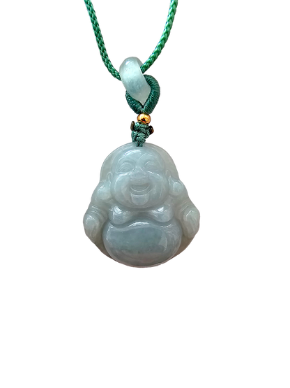 Sapporo Burmese A-Jadeite Big Laughing Buddha Pendant Necklace with FYORO String