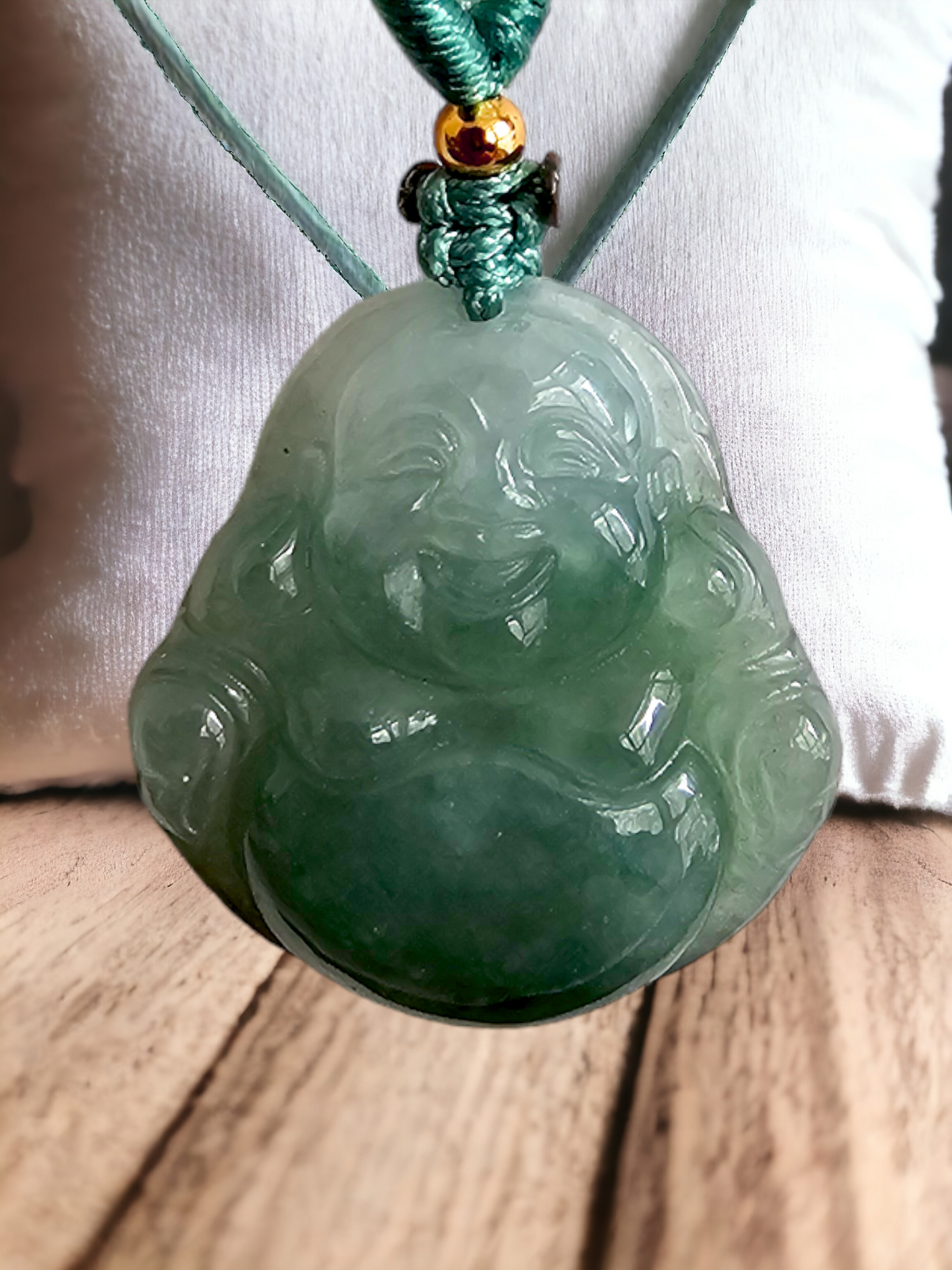 Sapporo Burmese A-Jadeite Laughing Buddha Pendant Necklace with FYORO String