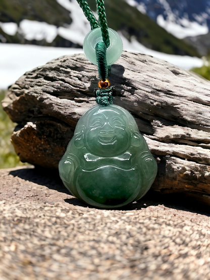 Sapporo Burmese A-Jadeite Laughing Buddha Pendant Necklace with FYORO String