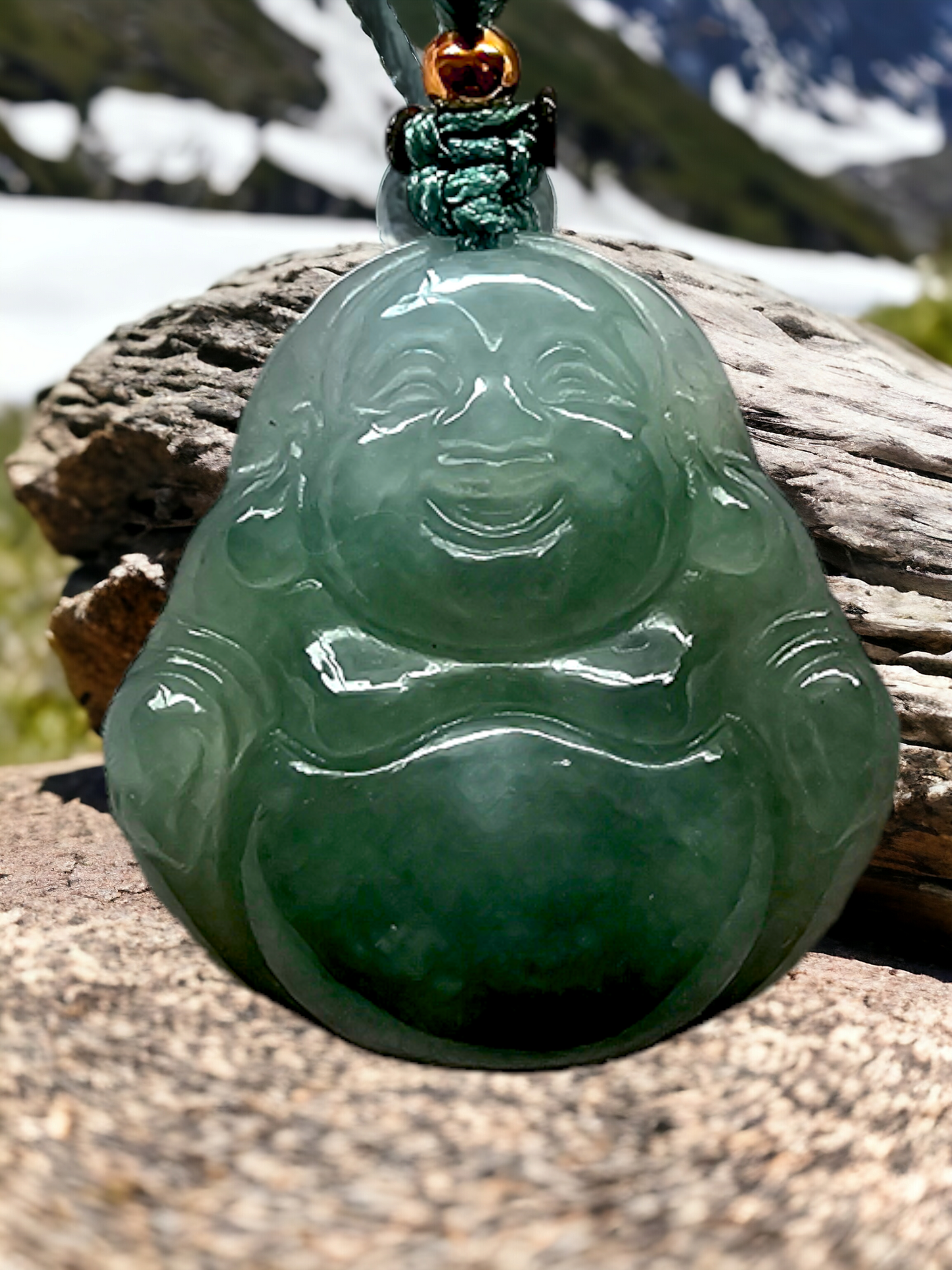 Sapporo Burmese A-Jadeite Laughing Buddha Pendant Necklace with FYORO String