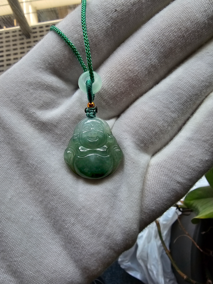 Sapporo Burmese A-Jadeite Laughing Buddha Pendant Necklace with FYORO String