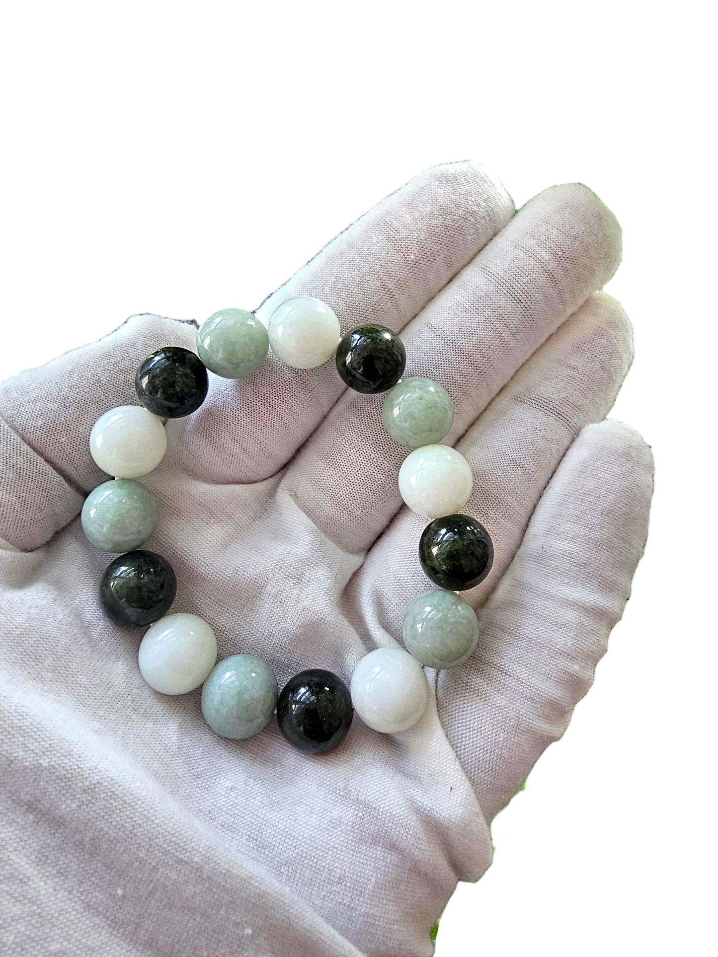 皇家色調綠色緬甸 A 玉串珠手鍊（每顆 12-12.5 毫米 x 15 顆珠子）04001