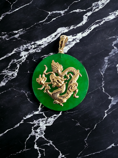 TKO Jade Dragon Pendant (with 14K Yellow Gold)