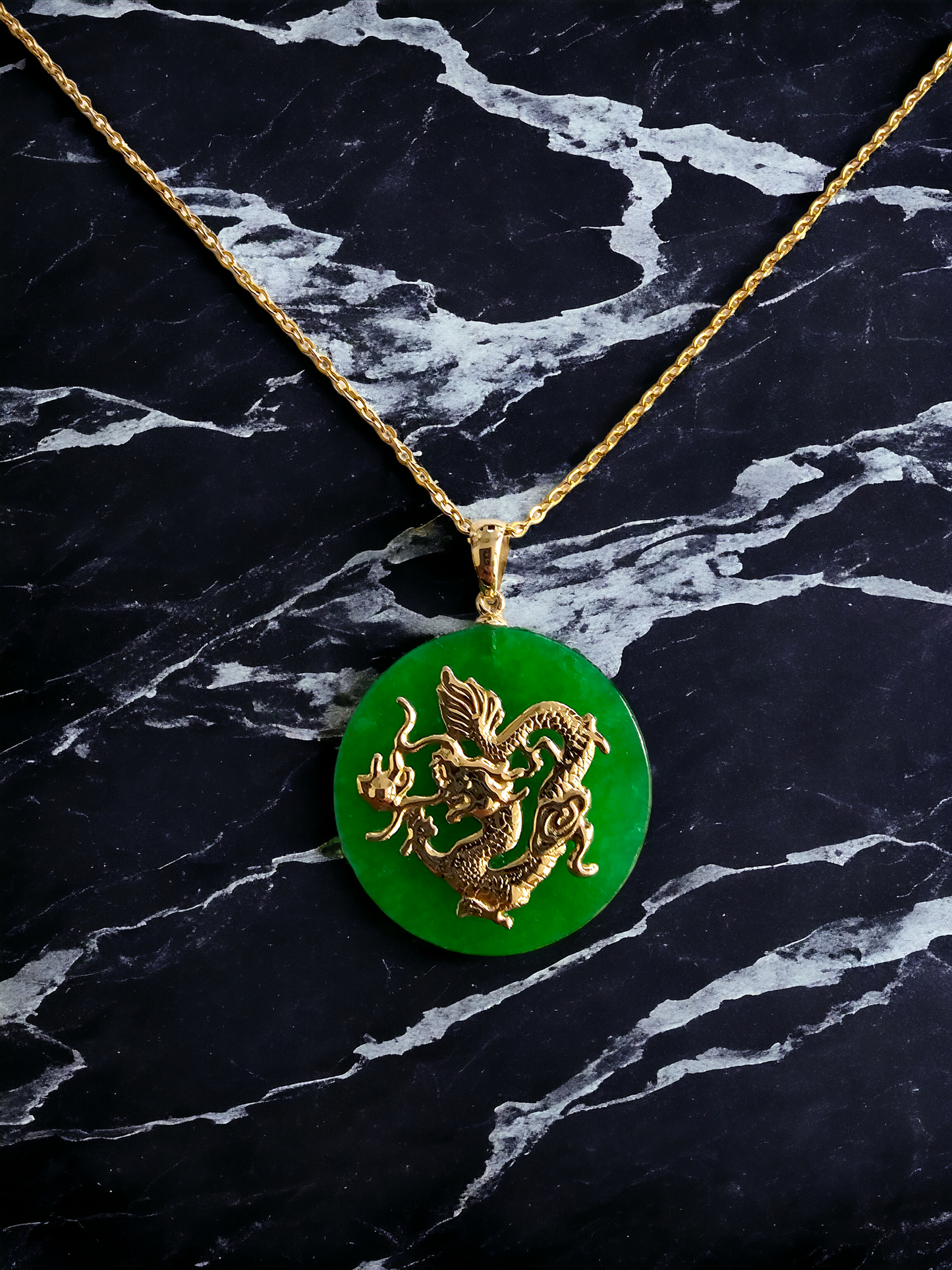 TKO Jade Dragon Pendant (with 14K Yellow Gold)