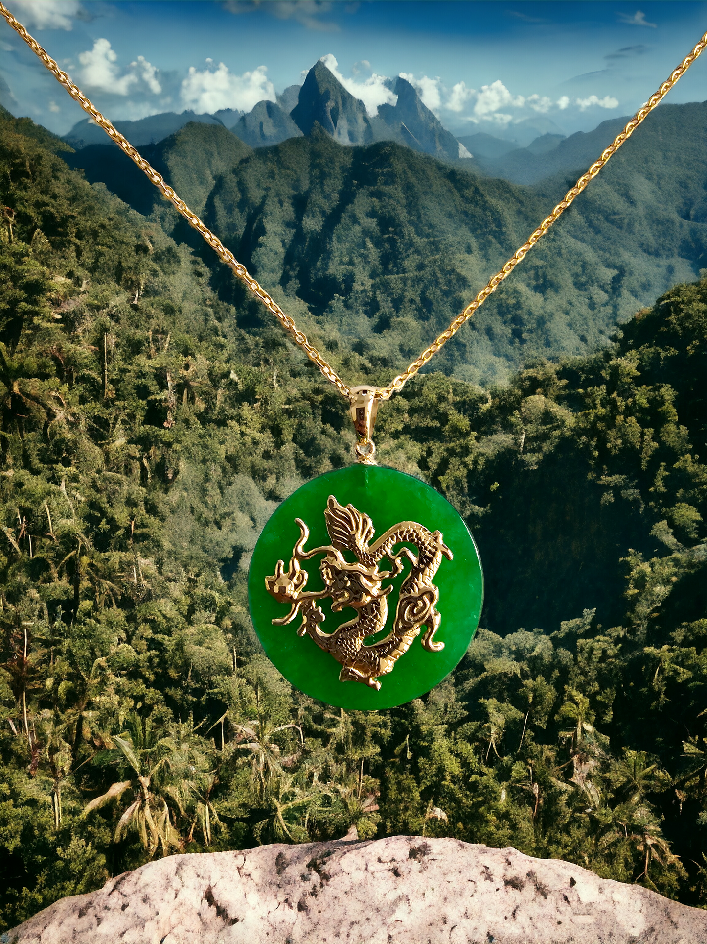 TKO Jade Dragon Pendant (with 14K Yellow Gold)