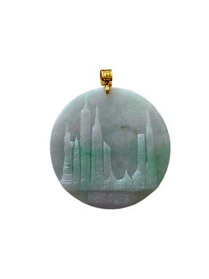 Iconic Skyline of New York City Burmese A-Jade Pendant (with 18K Yellow Gold)