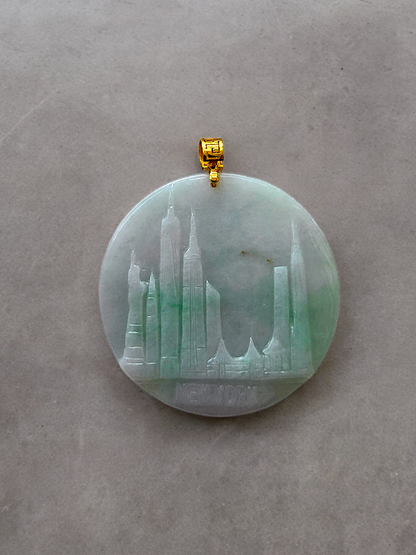 Iconic Skyline of New York City Burmese A-Jade Pendant (with 18K Yellow Gold)