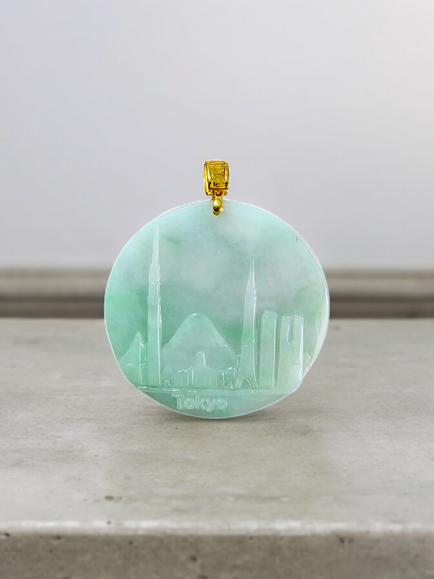 Iconic Skyline of Tokyo Burmese A-Jade Pendant (with 18K Yellow Gold)