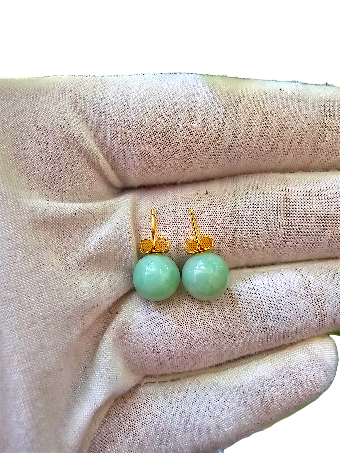 Harmony Burmese Green A-Jade 10mm Beaded Stud Earrings (with 18K Yellow Gold)