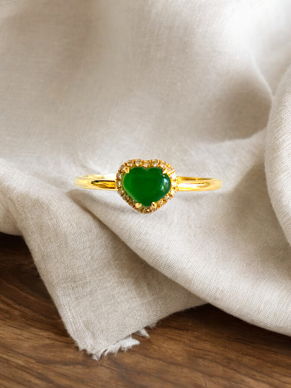 Amour Heart Imperial Burmese A-Jadeite Cocktail Ring (With Round White Diamonds and 18K Yellow Gold) - Certified