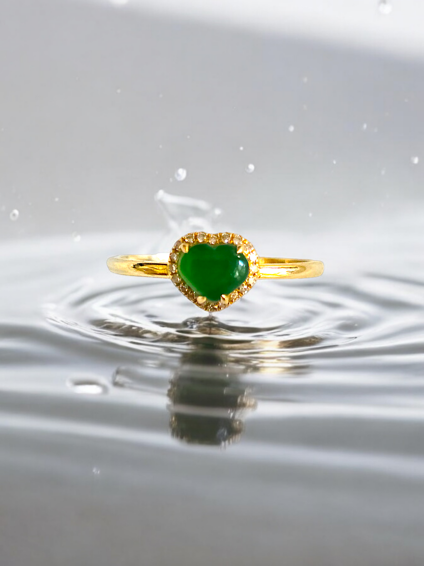 Amour Heart Imperial Burmese A-Jadeite Cocktail Ring (With Round White Diamonds and 18K Yellow Gold) - Certified