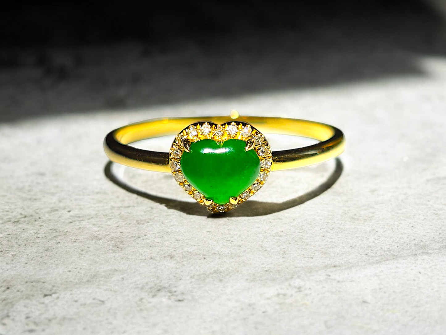 Amour Heart Imperial Burmese A-Jadeite Cocktail Ring (With Round White Diamonds and 18K Yellow Gold) - Certified