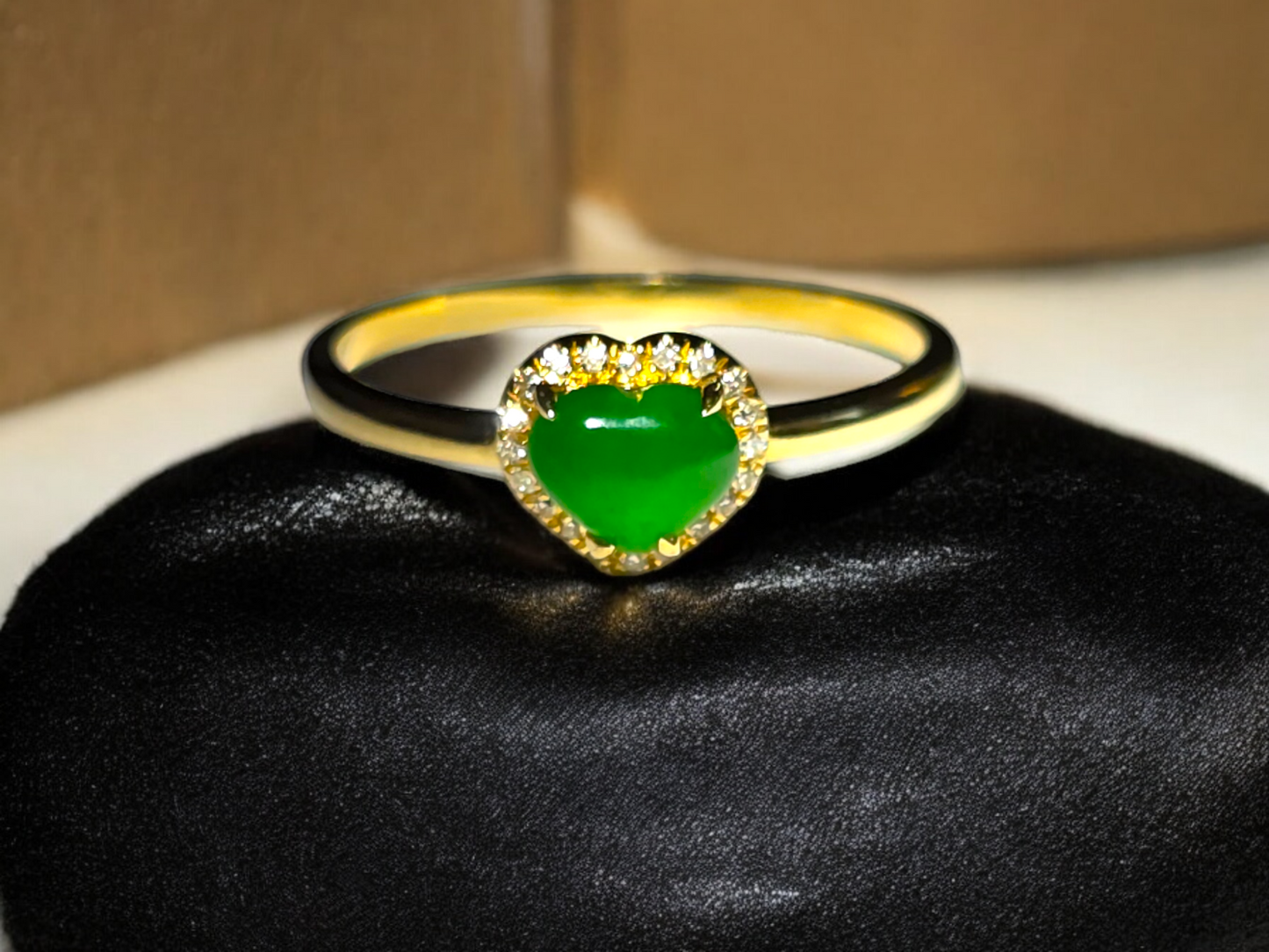 Amour Heart Imperial Burmese A-Jadeite Cocktail Ring (With Round White Diamonds and 18K Yellow Gold) - Certified