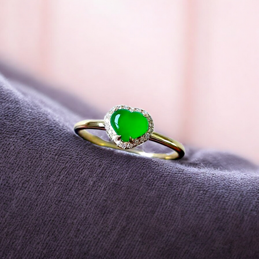 Amour Heart Imperial Burmese A-Jadeite Cocktail Ring (With Round White Diamonds and 18K Yellow Gold)