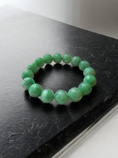 Imperial Japanese Green Burmese A-Jade Beaded Bracelet (MADE IN JAPAN) (12mm Each x 16 beads) 05014