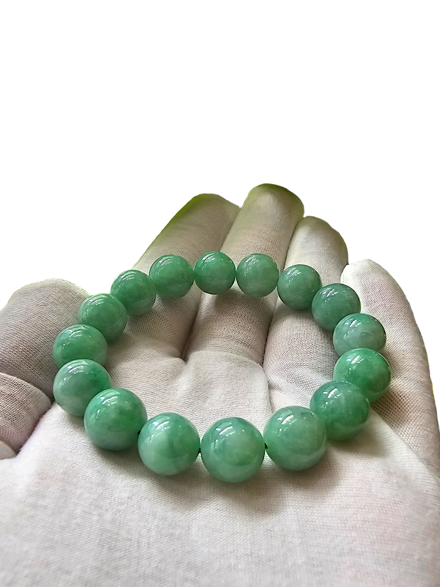 Imperial Japanese Green Burmese A-Jade Beaded Bracelet (MADE IN JAPAN) (12mm Each x 16 beads) 05014