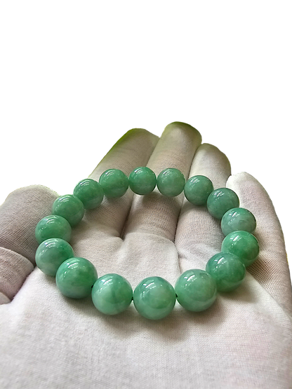 Imperial Japanese Green Burmese A-Jade Beaded Bracelet (MADE IN JAPAN) (12mm Each x 16 beads) 05014