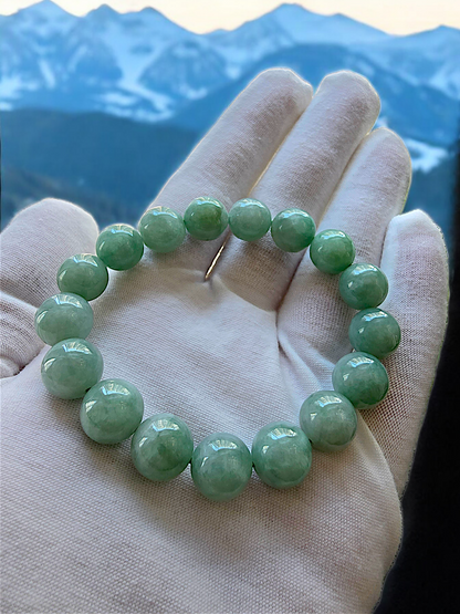 Imperial Japanese Green Burmese A-Jade Beaded Bracelet (MADE IN JAPAN) (12mm Each x 17 beads) 05015