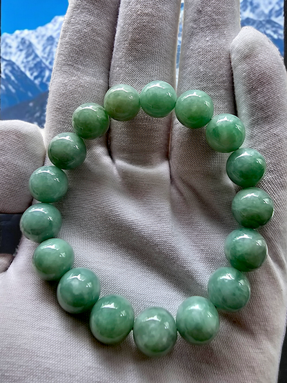 Imperial Japanese Green Burmese A-Jade Beaded Bracelet (MADE IN JAPAN) (12mm Each x 17 beads) 05016