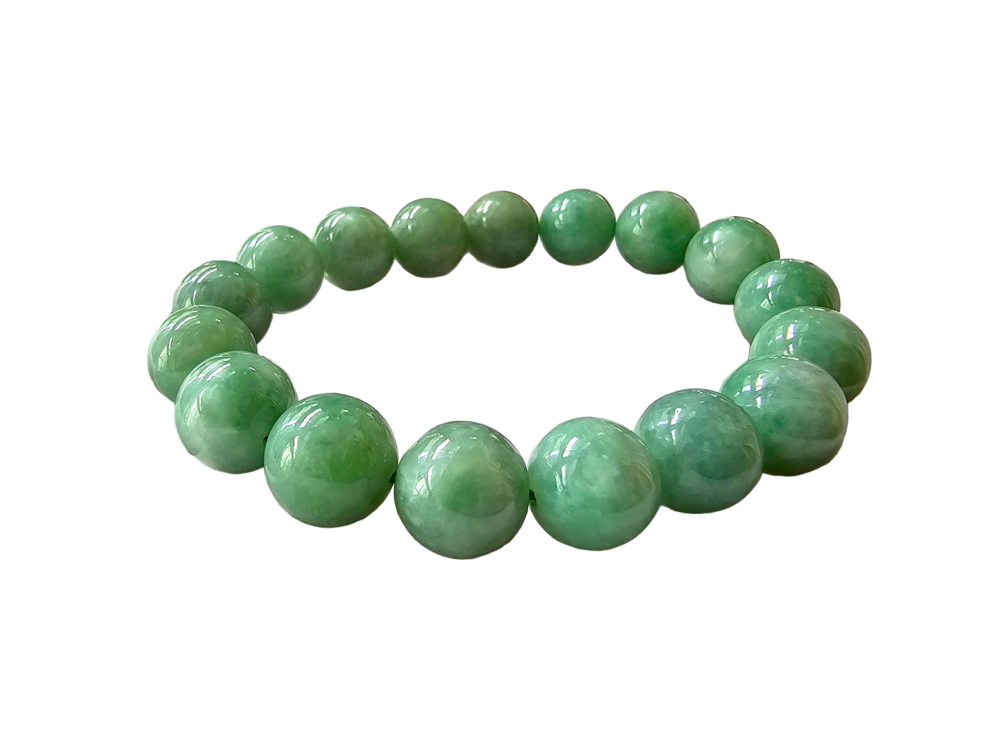 Imperial Japanese Green Burmese A-Jade Beaded Bracelet (MADE IN JAPAN) (12mm Each x 17 beads) 05016