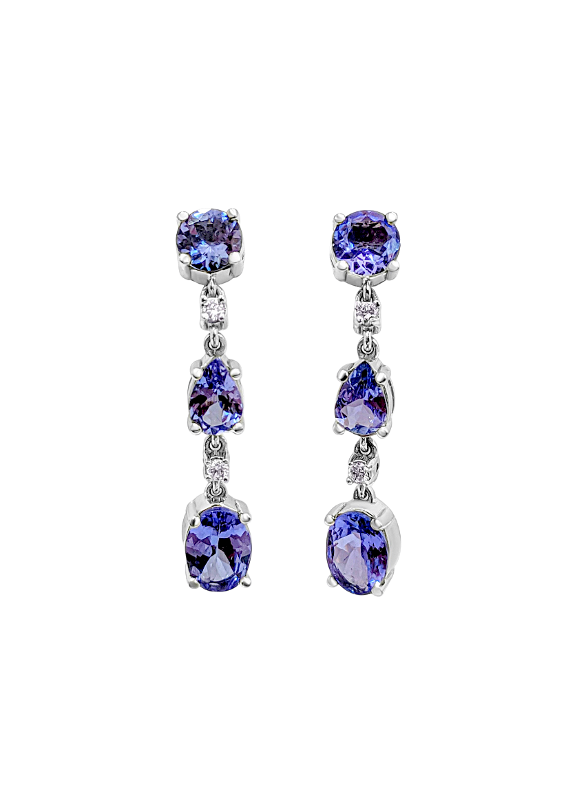 Alluring Drop and Dangle Tanzanite Link Earrings (with light pink Diamonds and 14K White Gold)