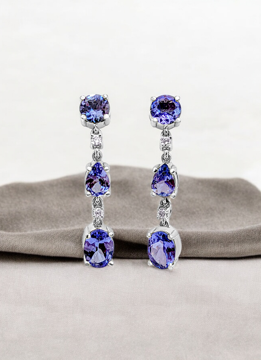 Alluring Drop and Dangle Tanzanite Link Earrings (with light pink Diamonds and 14K White Gold)