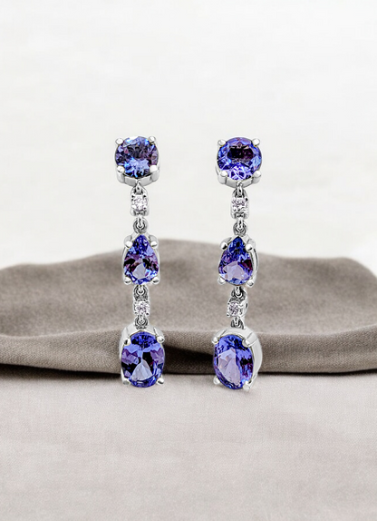 Alluring Drop and Dangle Tanzanite Link Earrings (with light pink Diamonds and 14K White Gold)