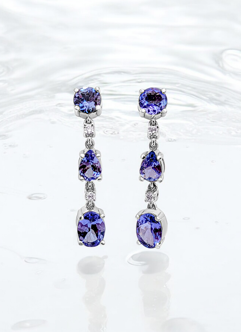 Alluring Drop and Dangle Tanzanite Link Earrings (with light pink Diamonds and 14K White Gold)