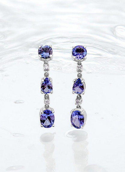 Alluring Drop and Dangle Tanzanite Link Earrings (with light pink Diamonds and 14K White Gold)