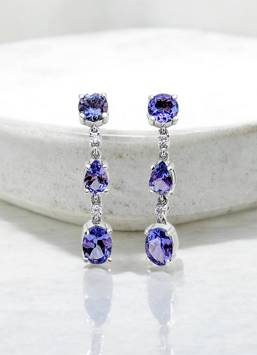 Alluring Drop and Dangle Tanzanite Link Earrings (with light pink Diamonds and 14K White Gold)