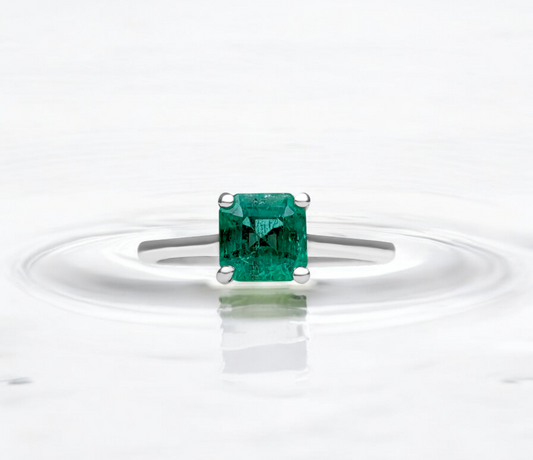 Asscher Cut Zambian Green Emerald Solitaire Ring (with 14K White Gold)