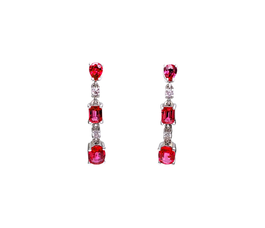 Alluring Drop and Dangle Red (No Heat) Ruby Link Earrings (with light pink Diamonds and 14K White Gold)