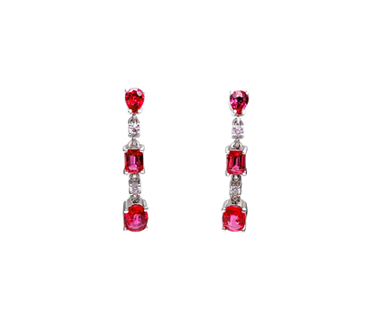 Alluring Drop and Dangle Red (No Heat) Ruby Link Earrings (with light pink Diamonds and 14K White Gold)