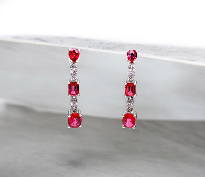 Alluring Drop and Dangle Red (No Heat) Ruby Link Earrings (with light pink Diamonds and 14K White Gold)