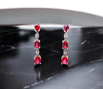 Alluring Drop and Dangle Red (No Heat) Ruby Link Earrings (with light pink Diamonds and 14K White Gold)