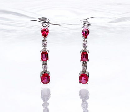 Alluring Drop and Dangle Red (No Heat) Ruby Link Earrings (with light pink Diamonds and 14K White Gold)