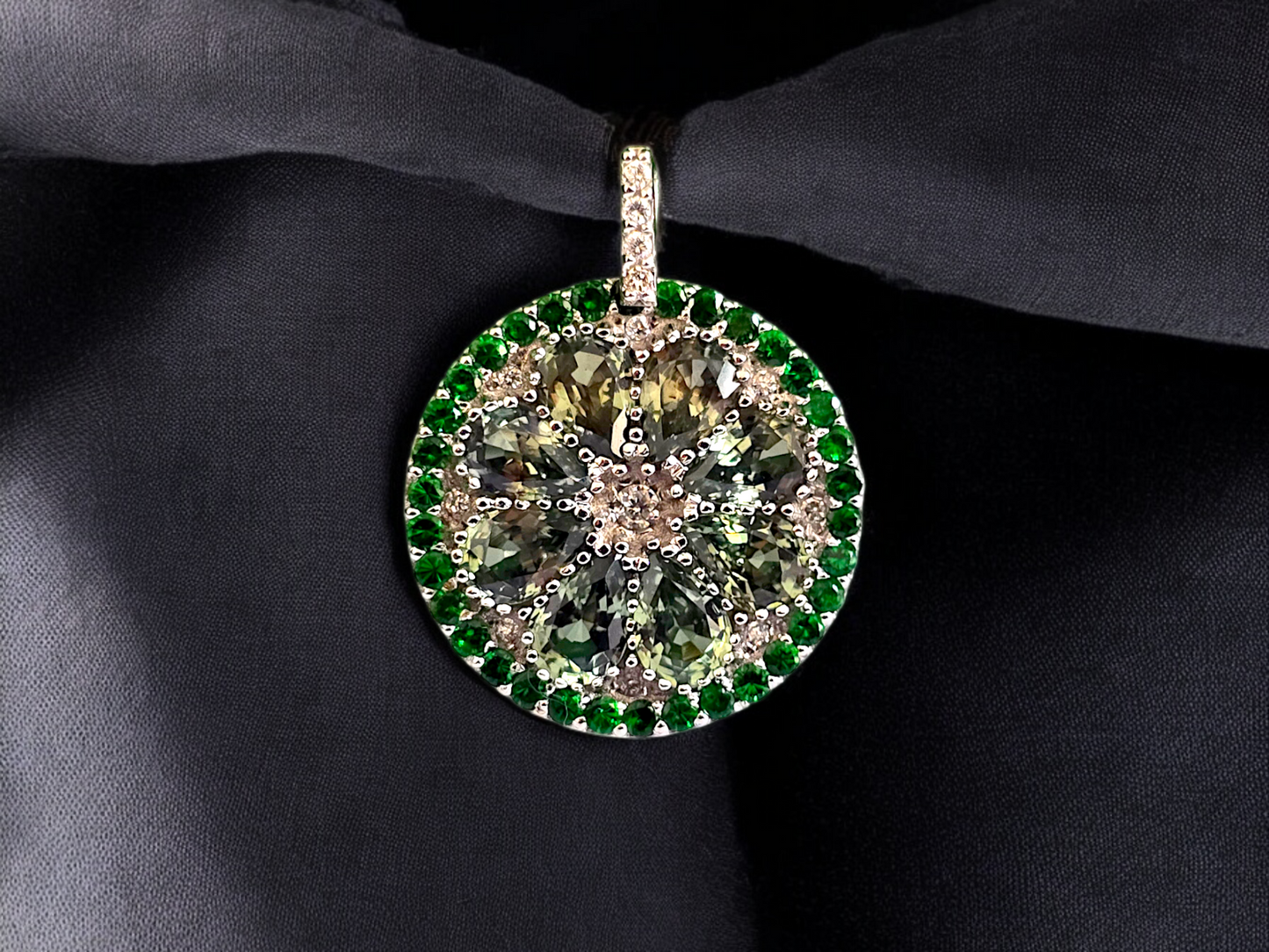 A Slice of Lime (MADE IN JAPAN) Green Sapphire and Peridot Pendant (with White V.S. Diamonds and 18K White Gold) - Certified