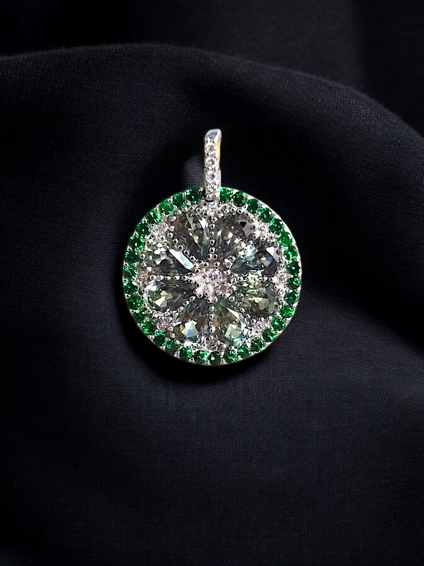 A Slice of Lime (MADE IN JAPAN) Green Sapphire and Peridot Pendant (with White V.S. Diamonds and 18K White Gold) - Certified