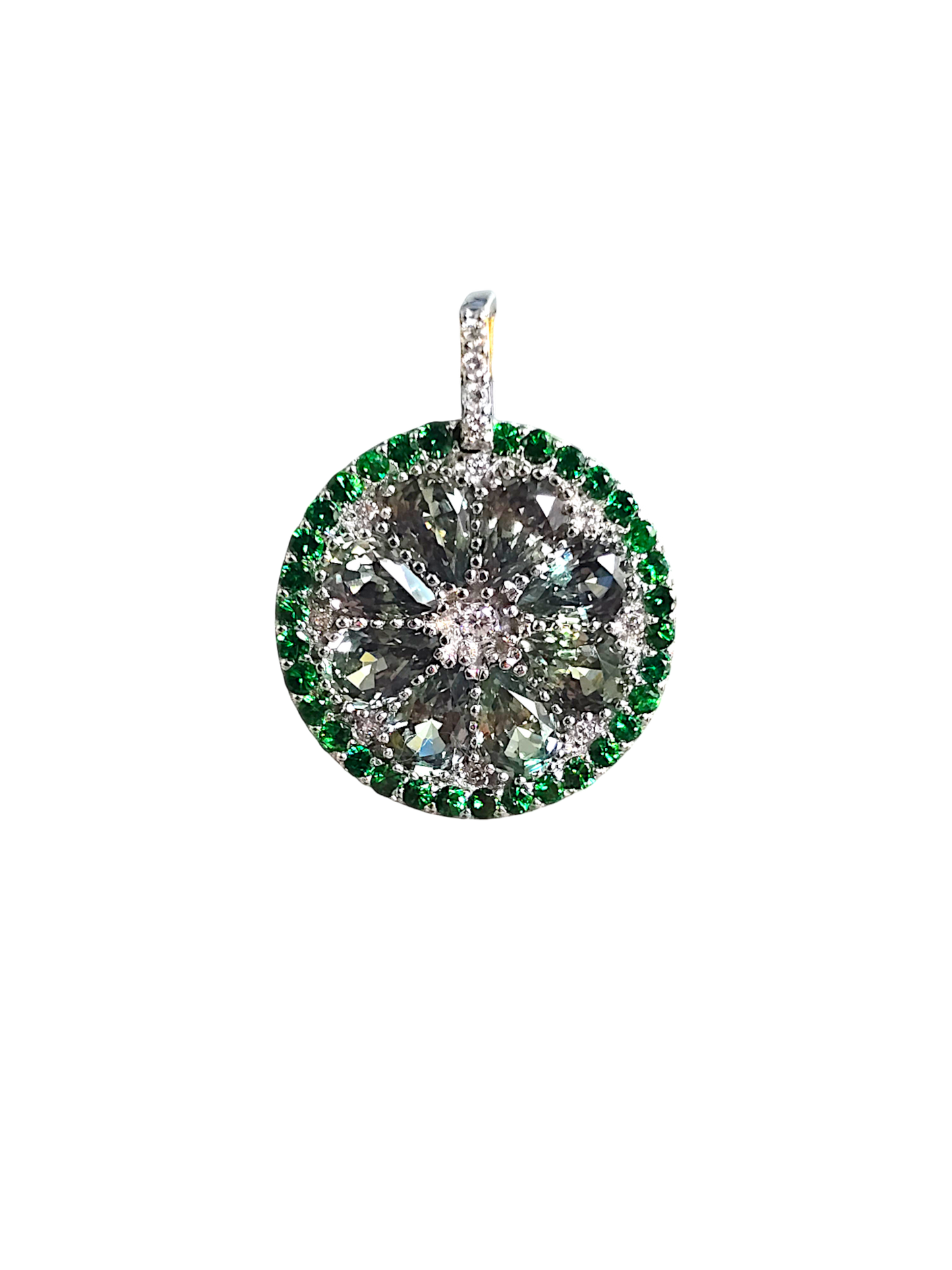 A Slice of Lime (MADE IN JAPAN) Green Sapphire and Peridot Pendant (with White V.S. Diamonds and 18K White Gold) - Certified