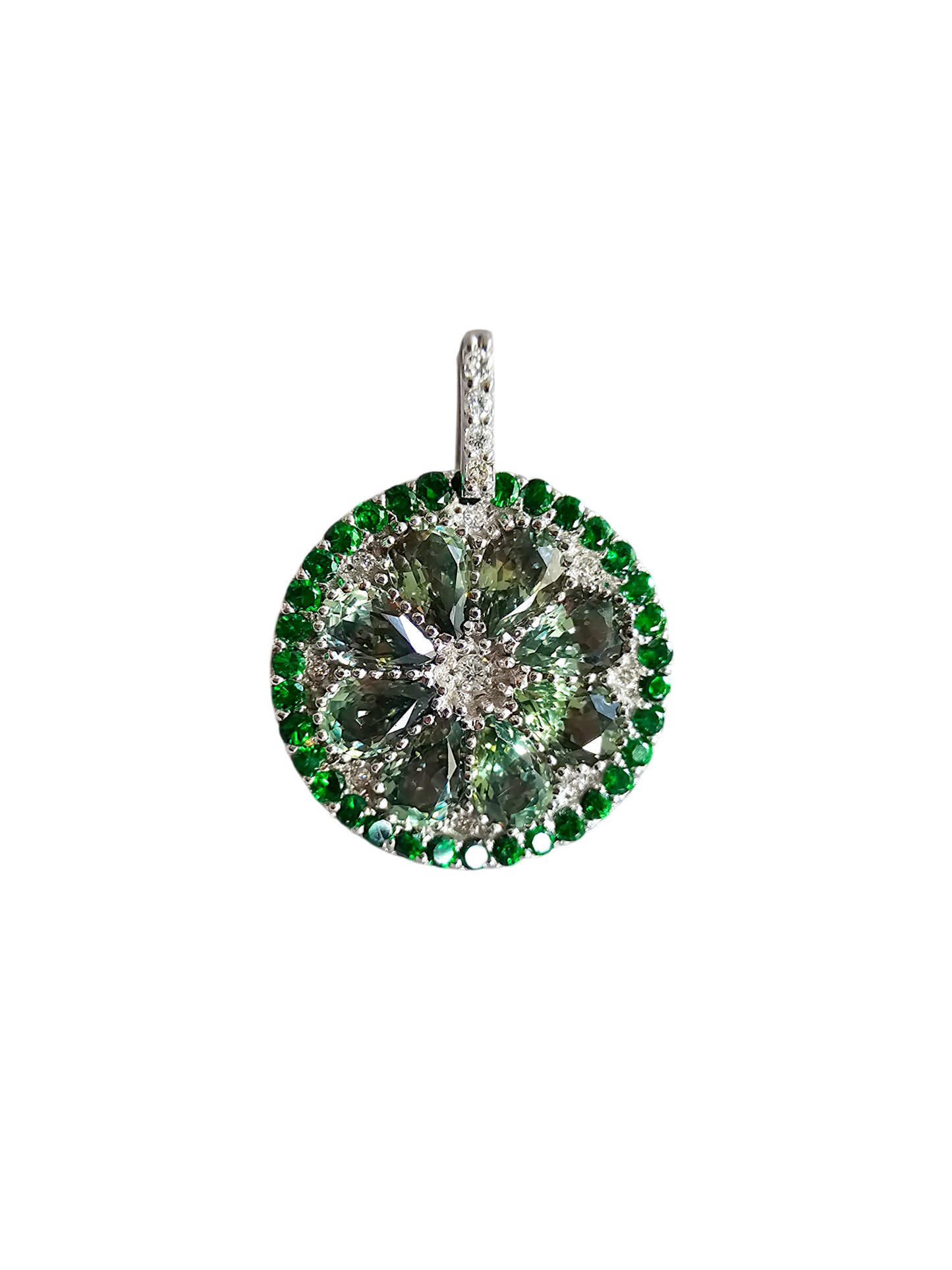 A Slice of Lime (MADE IN JAPAN) Green Sapphire and Peridot Pendant (with White V.S. Diamonds and 18K White Gold) - Certified