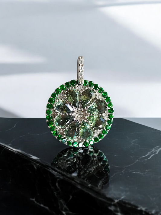 A Slice of Lime (MADE IN JAPAN) Green Sapphire and Peridot Pendant (with White V.S. Diamonds and 18K White Gold) - Certified