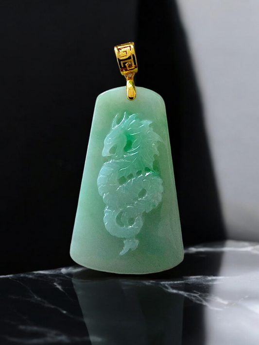Dragon of Gifu Burmese A-Jade Pendant (with 18K Yellow Gold) - Certified