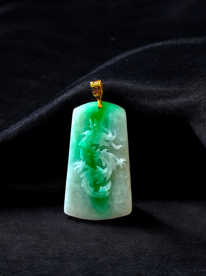 Dragon of Enoshima Burmese A-Jade Pendant (with 18K Yellow Gold) - Certified