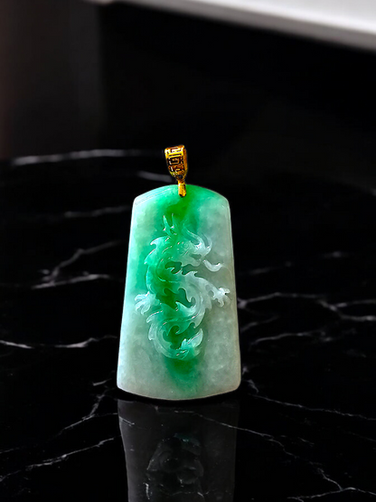 Dragon of Enoshima Burmese A-Jade Pendant (with 18K Yellow Gold) - Certified