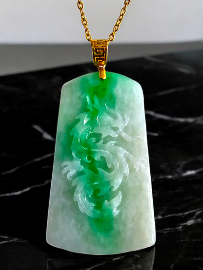 Dragon of Enoshima Burmese A-Jade Pendant (with 18K Yellow Gold) - Certified